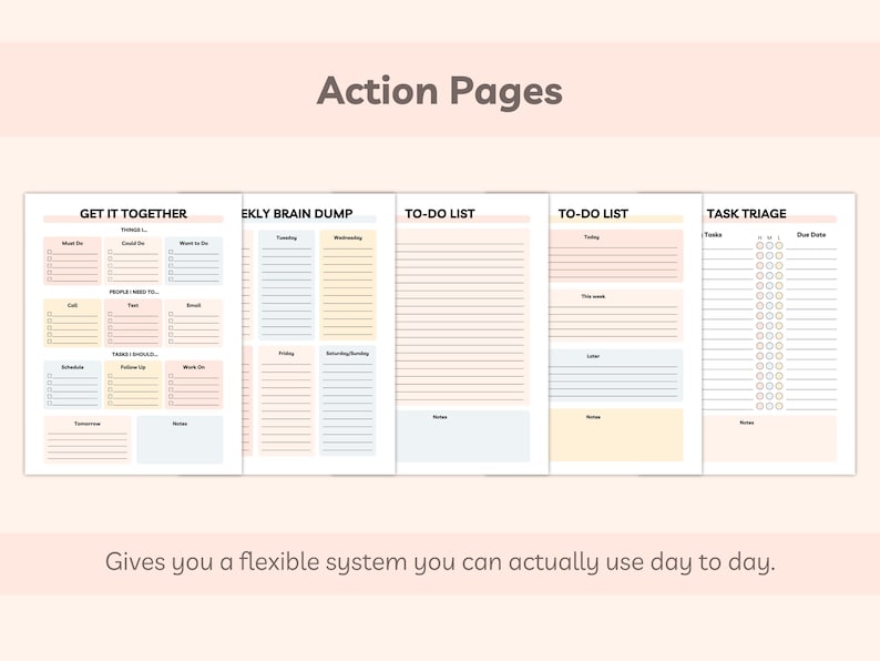 Get It Together, Weekly Brain Dump, To-Do List, and Task Triage pages showing the action-focused templates in the kit.