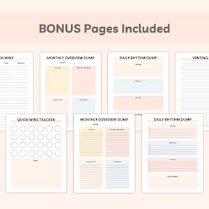 Preview of included bonus pages such as Quick Wins, Monthly Overview Dump, Daily Rhythm Dump, Venting Dump, and Quick Wins Tracker.