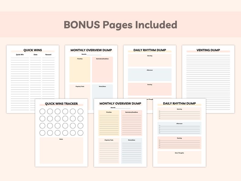 Preview of included bonus pages such as Quick Wins, Monthly Overview Dump, Daily Rhythm Dump, Venting Dump, and Quick Wins Tracker.