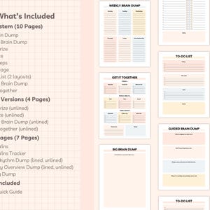 Overview of all pages included in the ADHD Brain Dump Kit, showing core system pages, unlined versions, and bonus pages.