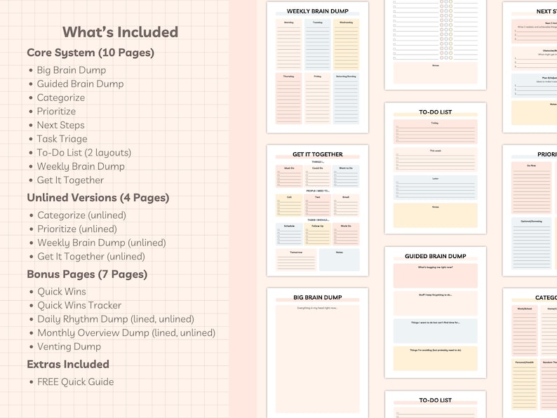 Overview of all pages included in the ADHD Brain Dump Kit, showing core system pages, unlined versions, and bonus pages.