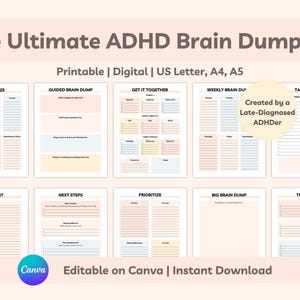 Op de afbeelding: Een afdrukbare ADHD-breindumpkit met verschillende sjablonen, waaronder categoriseren, geleide breindump en takenlijsten. De kit is ontworpen voor digitaal gebruik en is verkrijgbaar in US Letter, A4 en A5 formaten. Bewerken op Canva en direct downloaden.