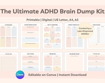 Modello stampabile modificabile per l'ADHD Brain Dump, pianificatore giornaliero, elenco delle cose da fare, organizzatore di pensieri, formato A4, A5, lettera USA