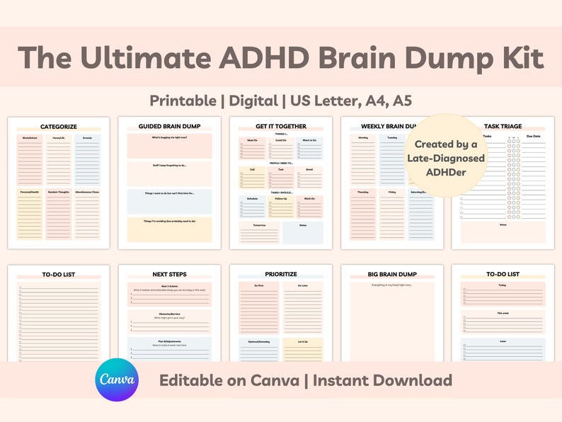 Preview of the Ultimate ADHD Brain Dump Kit showing printable pages like categorize, guided brain dump, weekly brain dump, task triage, and to-do lists in A4, A5, and US Letter.