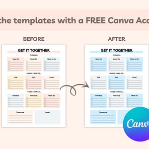 Before and after comparison showing how the Get It Together page can be customized using a free Canva account.