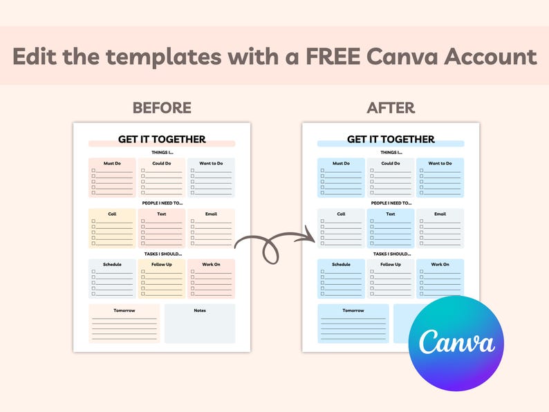 Before and after comparison showing how the Get It Together page can be customized using a free Canva account.