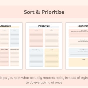 Categorize, Prioritize, and Next Steps pages designed to help organize tasks and identify what matters most.