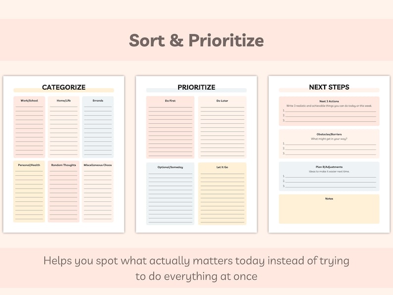 Categorize, Prioritize, and Next Steps pages designed to help organize tasks and identify what matters most.