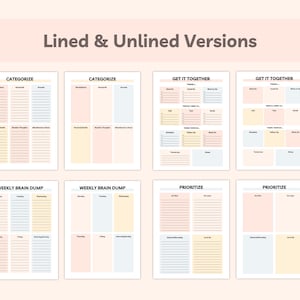 Side-by-side preview of the lined and unlined versions of categorize, weekly brain dump, get it together, and prioritize pages.