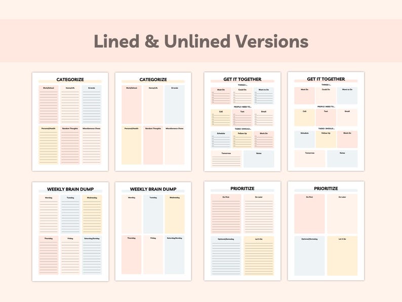 Side-by-side preview of the lined and unlined versions of categorize, weekly brain dump, get it together, and prioritize pages.