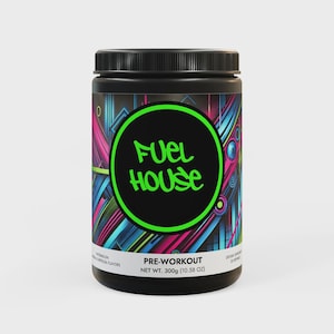 May include: A black plastic container with a green and black logo that says "Fuel House" and the text "Pre-Workout" with a net weight of 10.58 ounces. The container has a colorful abstract design with pink, blue, and green.