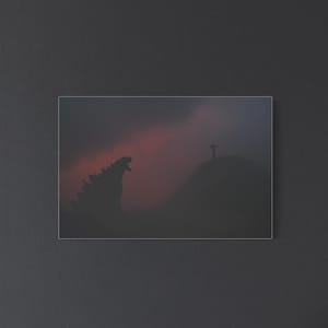 Godzilla kunst aan de muur, donkere vaporwave poster, minimalistische filmprint, Y2K kamer decor, scifi-esthetisch decor