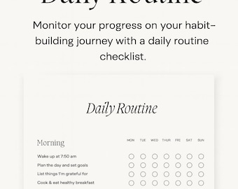 Pode incluir: Uma lista de verificação de rotina diária imprimível com o título "Daily Routine" em uma fonte elegante. A lista de verificação inclui tarefas matinais e vespertinas com círculos para rastrear o progresso. O texto "PRINTABLE" está no topo.
