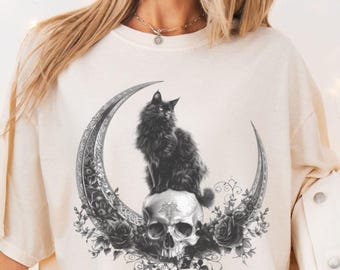 Black Cat Moon Shirt, Comfort Colors Skull Shirt, Witchy Cat Tee, Celestial Moon Cat Tee, Spooky Season Shirt, Black Cat Lover Gift, Cat Tee