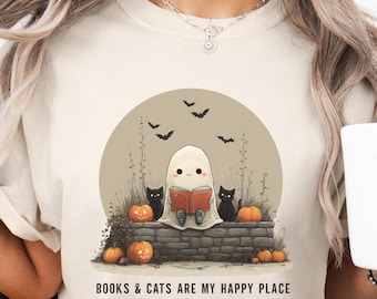 Camiseta de fantasmas leyendo, camiseta de Halloween de Comfort Colors, camiseta divertida de fantasmas, camiseta para amantes de los gatos, camiseta de fantasmas adorable, camiseta de temporada espeluznante, camiseta linda de otoño