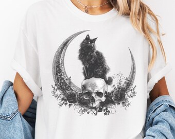 Gothic Cat Shirt, Comfort Colors Cat T-Shirt, Celestial Cat Gift, Halloween Cat Shirt, Black Cat Long Sleeve, Skull Moon T-Shirt, Moon Shirt