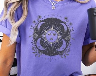 Celestial Shirt, Comfort Colors Sun and Moon Tshirt, Astrology Shirt, Boho Shirt, Spiritual Tee, Retro Moon Tshirt, Floral Sun and Moon Tee