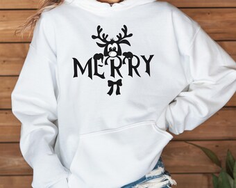 Merry Christmas Reindeer Sweatshirt, Cute Reindeer Hoodie, Holiday Sweater Gift, Reindeer Christmas Hoodie, Funny Winter Sweatshirt