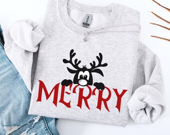 Merry Christmas Reindeer Sweatshirt, Cute Reindeer Hoodie, Holiday Sweater Gift, Reindeer Christmas Hoodie, Funny Winter Sweatshirt