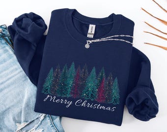 Merry Christmas Sweatshirt, Holiday Pine Tree Sweater, Winter Christmas Gift, Cozy Holiday Crewneck, Christmas Tree Sweatshirt, Cottage Core