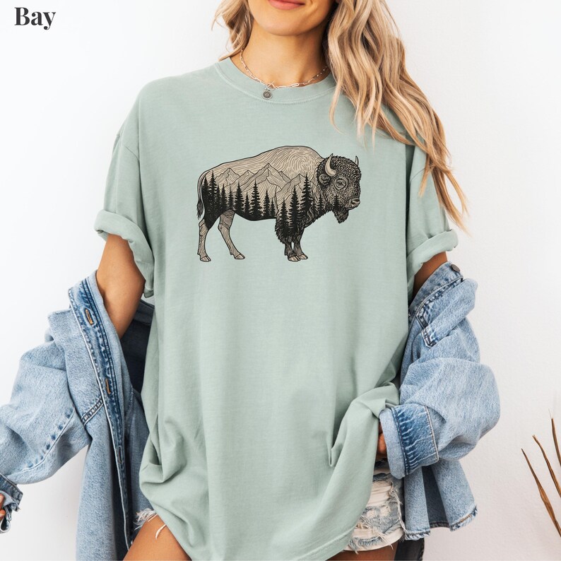 Camiseta rústica de bisonte, camiseta de naturaleza con colores cómodos, camiseta de vida silvestre en la montaña, regalo para papá, camiseta de senderismo al aire libre, camiseta de camping Bay