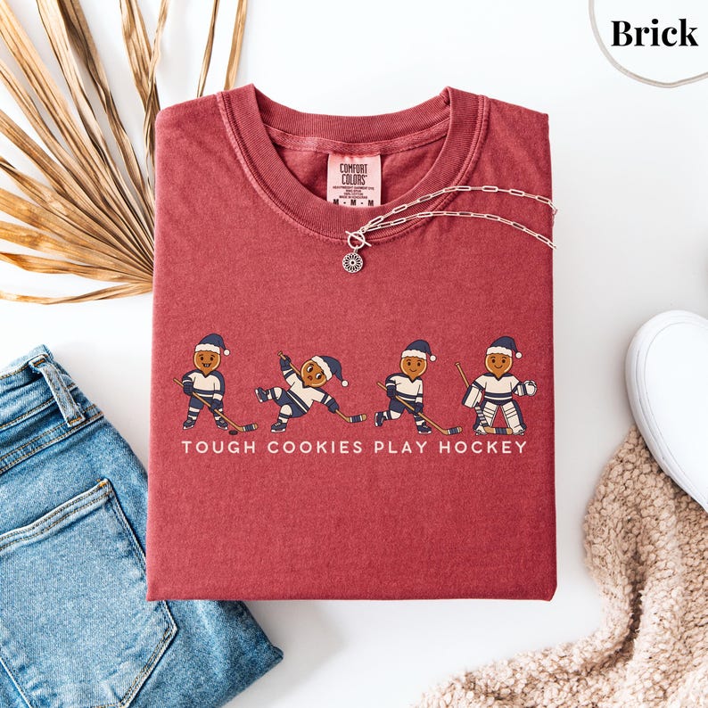 Tough Cookies Play Hockey T-Shirt, Comfort Colors Funny Holiday Hockey Shirt, Gingerbread Hockey Christmas Tee, Hockey Christmas Sweater Brick