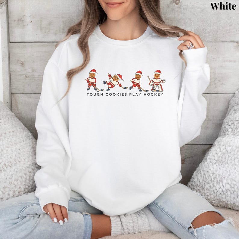 Tough Cookies Play Hockey T-Shirt, Comfort Colors Funny Holiday Hockey Shirt, Gingerbread Hockey Christmas Tee, Hockey Christmas Sweater White