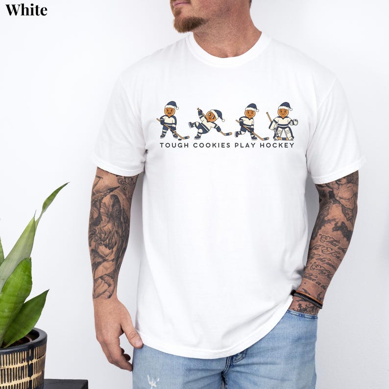 Tough Cookies Play Hockey T-Shirt, Comfort Colors Funny Holiday Hockey Shirt, Gingerbread Hockey Christmas Tee, Hockey Christmas Sweater White