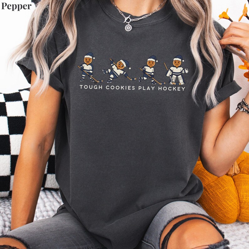Tough Cookies Play Hockey T-Shirt, Comfort Colors Funny Holiday Hockey Shirt, Gingerbread Hockey Christmas Tee, Hockey Christmas Sweater Pepper