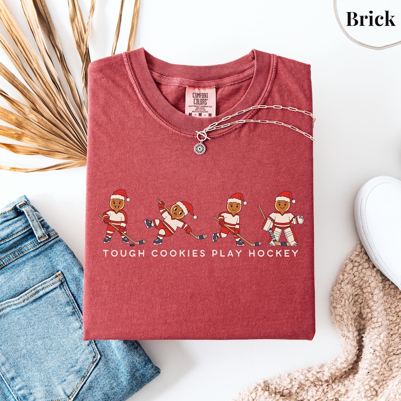 Tough Cookies Play Hockey T-Shirt, Comfort Colors Funny Holiday Hockey Shirt, Gingerbread Hockey Christmas Tee, Hockey Christmas Sweater Brick