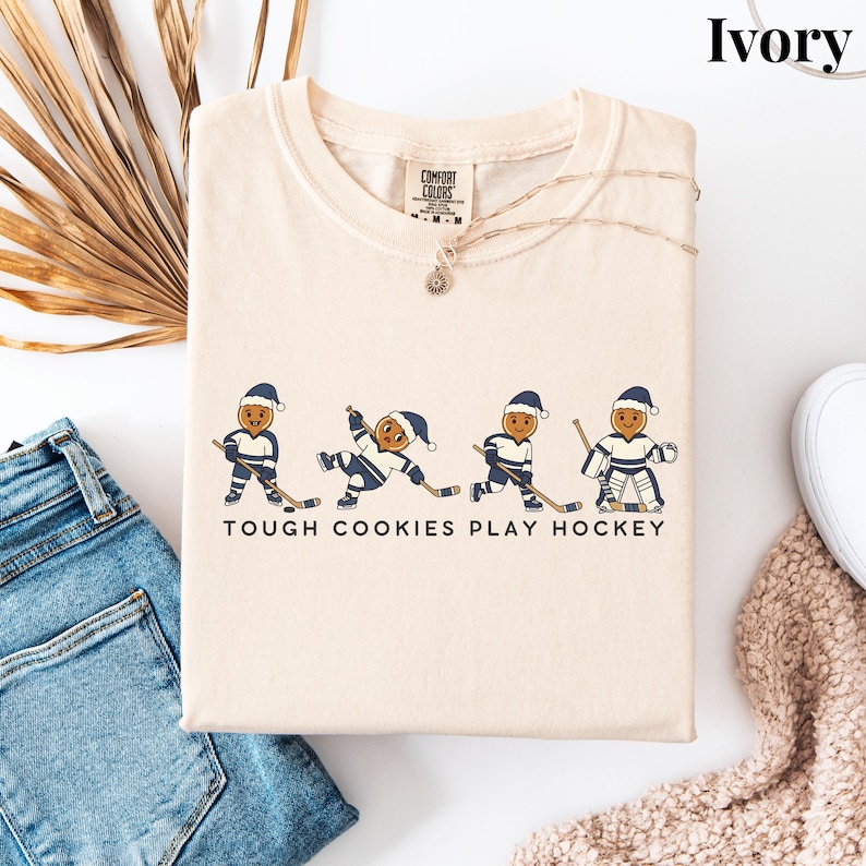 Tough Cookies Play Hockey T-Shirt, Comfort Colors Funny Holiday Hockey Shirt, Gingerbread Hockey Christmas Tee, Hockey Christmas Sweater Ivory