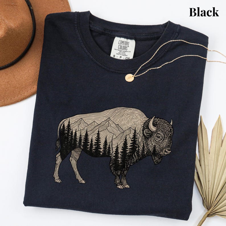 Camiseta rústica de bisonte, camiseta de naturaleza con colores cómodos, camiseta de vida silvestre en la montaña, regalo para papá, camiseta de senderismo al aire libre, camiseta de camping Black