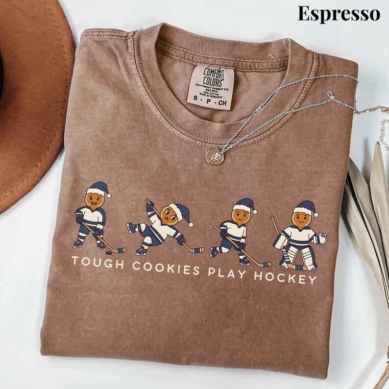 Tough Cookies Play Hockey T-Shirt, Comfort Colors Funny Holiday Hockey Shirt, Gingerbread Hockey Christmas Tee, Hockey Christmas Sweater Espresso