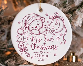 Custom Baby 2nd Christmas Ornament, Burgundy My Second Christmas Keepsake, Personalized Name Porcelain Ornament, Sleeping Bear Toddler Gift