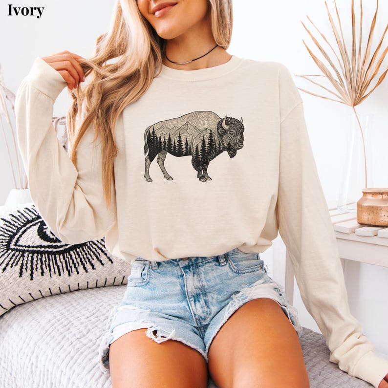 Camiseta rústica de bisonte, camiseta de naturaleza con colores cómodos, camiseta de vida silvestre en la montaña, regalo para papá, camiseta de senderismo al aire libre, camiseta de camping imagen 12