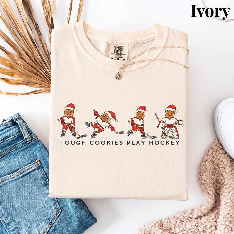 Tough Cookies Play Hockey T-Shirt, Comfort Colors Funny Holiday Hockey Shirt, Gingerbread Hockey Christmas Tee, Hockey Christmas Sweater Ivory