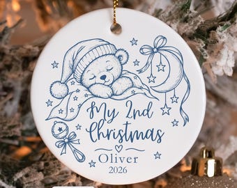 Personalized Baby 2nd Christmas Ornament, My Second Christmas Keepsake, Custom Baby Name Porcelain Ornament, Sleeping Bear Toddler Gift