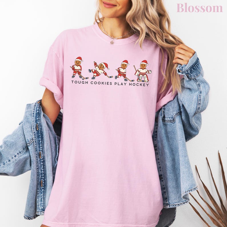 Tough Cookies Play Hockey T-Shirt, Comfort Colors Funny Holiday Hockey Shirt, Gingerbread Hockey Christmas Tee, Hockey Christmas Sweater Blossom