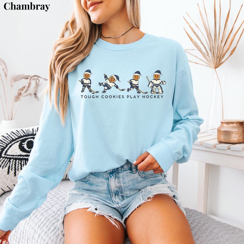 Tough Cookies Play Hockey T-Shirt, Comfort Colors Funny Holiday Hockey Shirt, Gingerbread Hockey Christmas Tee, Hockey Christmas Sweater Chambray