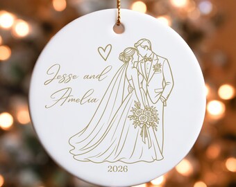 Personalized Wedding Ornament, Champagne Husband & Wife Porcelain Ornament, Newlywed Christmas Keepsake, Wedding Gift for Couple