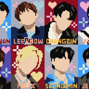Può includere: Un'illustrazione digitale di otto persone con diversi stili di capelli e abbigliamento. Ogni persona ha un nome diverso scritto sotto: Bangchan, Lee Know, Changbin, Hyunjin, Han, Felix, Seungmin e Jeongin.