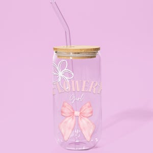 Pink Flower Girl Cup | 16oz Glass Tumbler | Soft Aesthetic Floral Drinkware | Cute Iced Coffee Cup