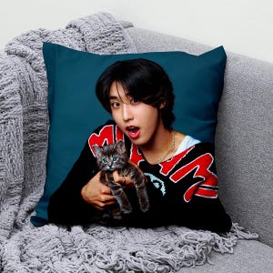 May include: Square cushion with a teal background featuring a person holding a grey tabby kitten. The person is wearing a black sweater with red and white accents. The cushion is on a grey sofa with a grey blanket.