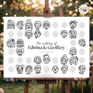 Könnte beinhalten: Ein weißes Hochzeitsschild auf einer Holzstaffelei. Das Schild zeigt handgezeichnete Gesichter und den Text "The wedding of Edwina & Geoffery. Please sign in here."