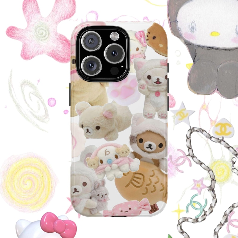 Cover per telefono kawaii di Hello Kitty e Rilakkuma - estetica collage Y2K, rosa tenue, per iPhone. immagine 1