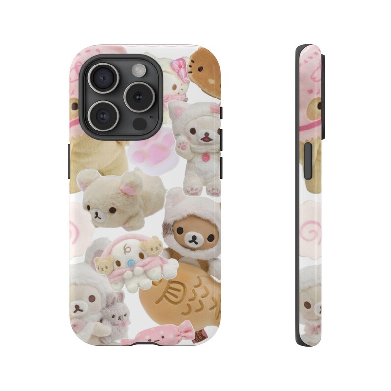 Cover per telefono kawaii di Hello Kitty e Rilakkuma - estetica collage Y2K, rosa tenue, per iPhone. immagine 4