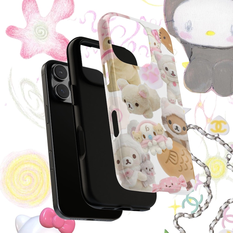 Cover per telefono kawaii di Hello Kitty e Rilakkuma - estetica collage Y2K, rosa tenue, per iPhone. immagine 3