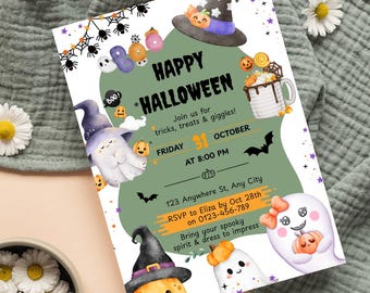 May include: A Halloween invitation with the text "Happy Halloween" and event details. The design features watercolor illustrations of pumpkins, ghosts, witch hats, and other spooky elements. The invitation is decorated with stars and spiderwebs.