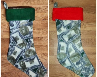 Custom Handmade Money 100 Bills Benjamin's Holiday Christmas Stocking w/ Red or Green Cuff New