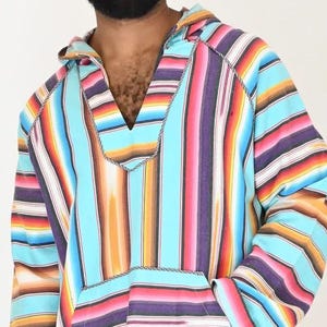 Cotton Turquoise Ikat Serape Striped Baja Hoodie
